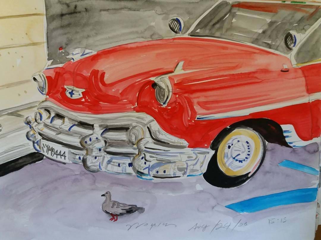 A vintage car parked in Athens street watercolor on paper. For sale $500